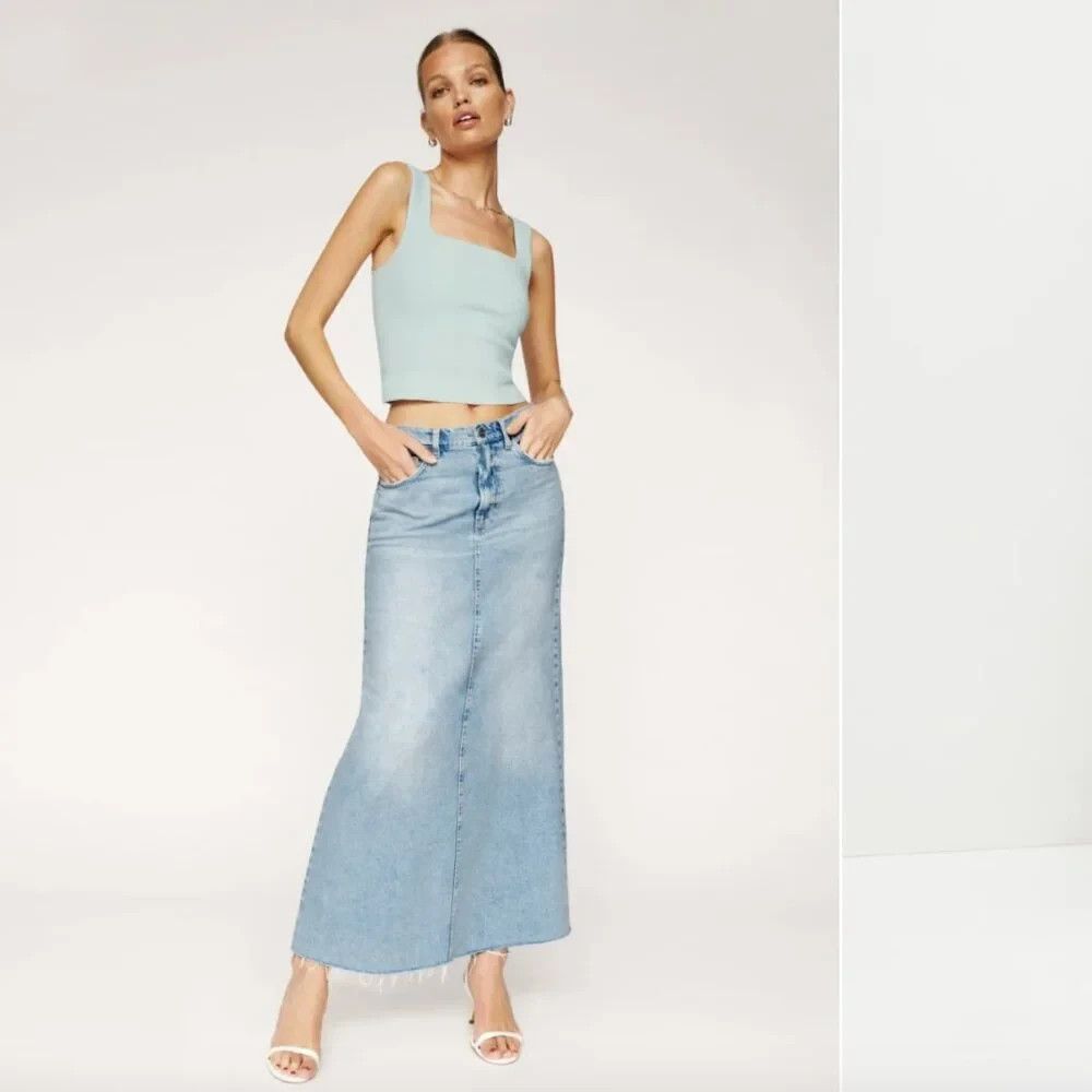 REFORMATION Kass Maxi Denim Skirt Raw Hem 25 Coastal Cowgirl 90s Boho Chic Urban